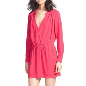 Splendid Coral Long Sleeve V Neck Mini Dress Pockets Elastic Waist Size M NEW